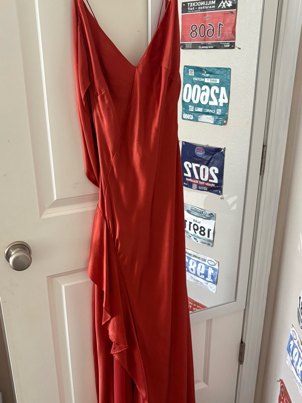 Red Satin Slip Dress with Ruffle Detail - Women